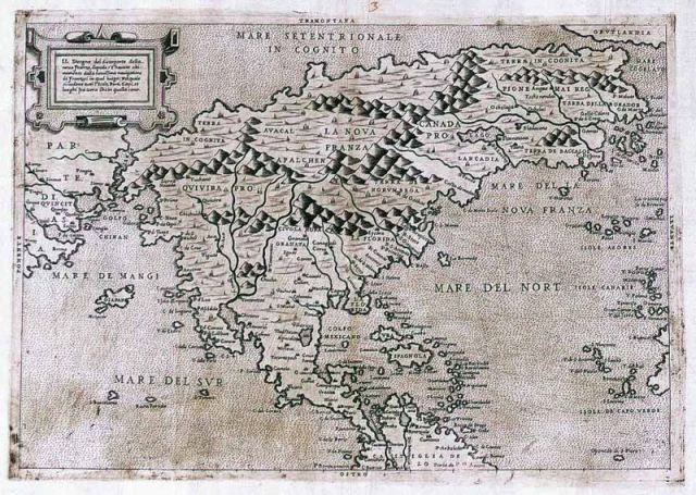 Map of North America from 1566 showing Italian inscriptions, both Terra In Cognita and Mare In Cognito